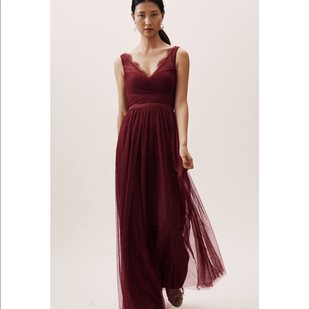 BHLDN Burgundy Lace V-Neck Tulle Wedding Dress